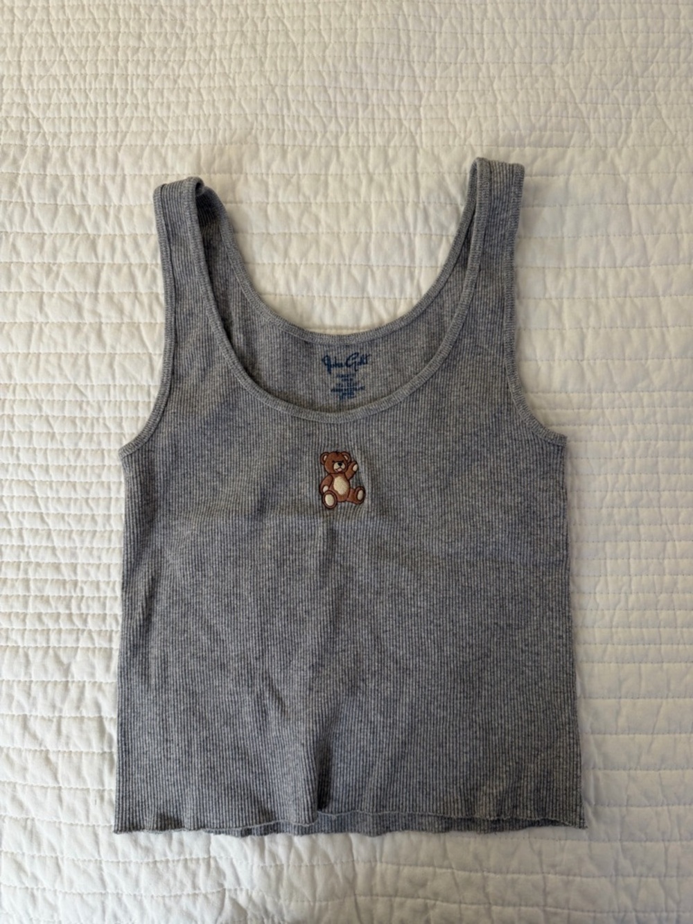 Brandy Melville John Gault - Gray Ribbed Tank Top with Teddy Bear Embroidery - Picture 2 of 4